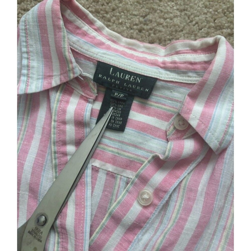 Lauren Ralph Lauren Womens Pink Striped Dress Shirt PP Linen Button Up - Picture 2 of 8